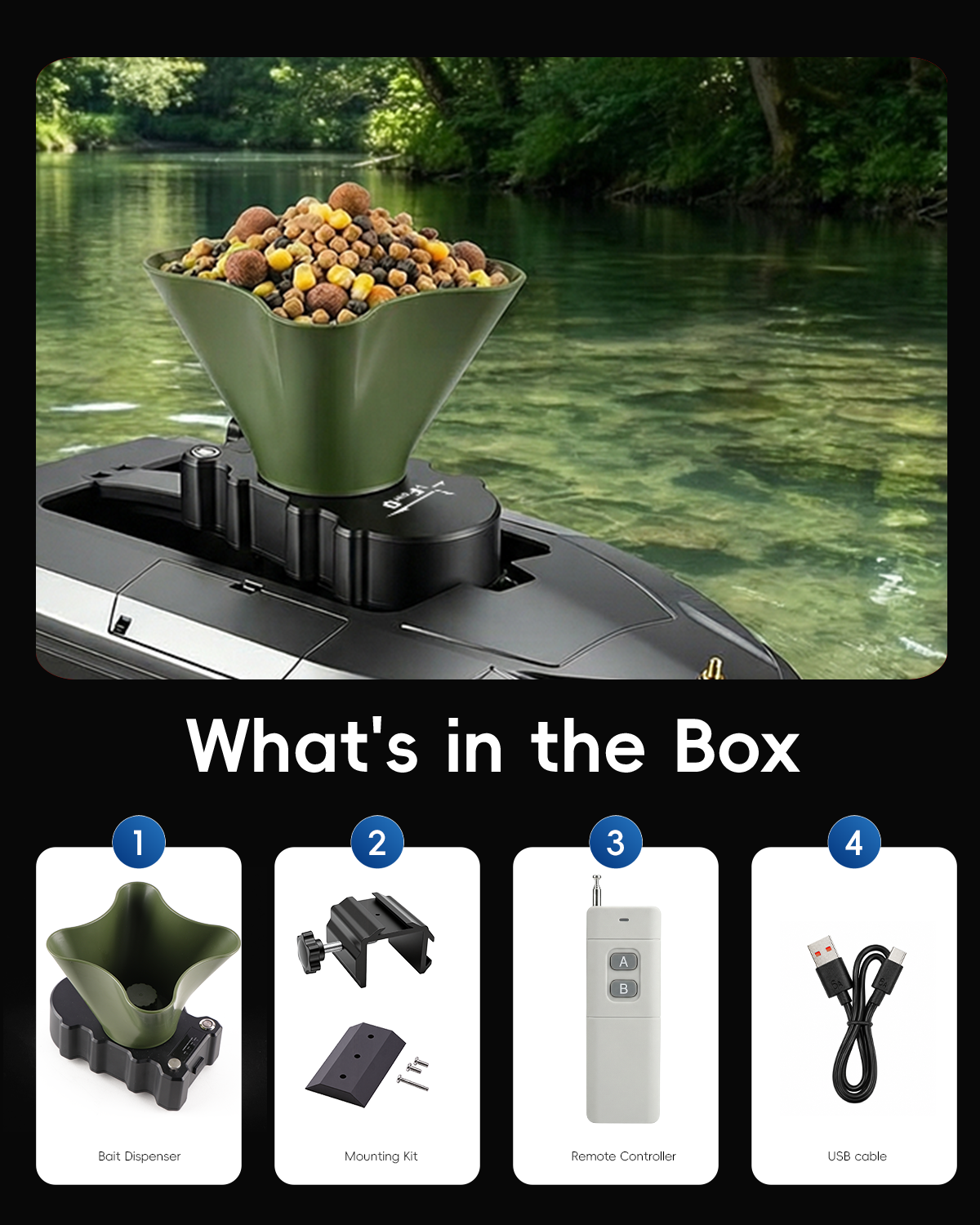 Fishing Boat Trailer - 360° Rotating Bait Dispenser & Bait